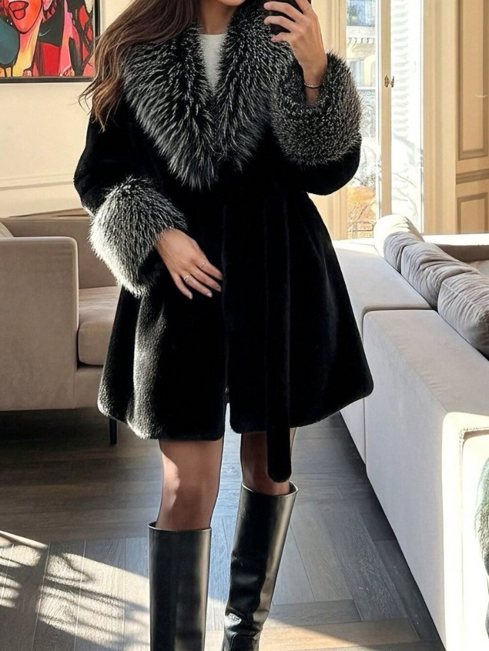 Black Casual Women's Loose Long Sleeve Contrast Faux Fur Bow Jacket